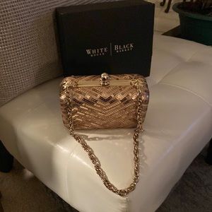 White House/Black Market Chevron patterned gold sequin box clutch